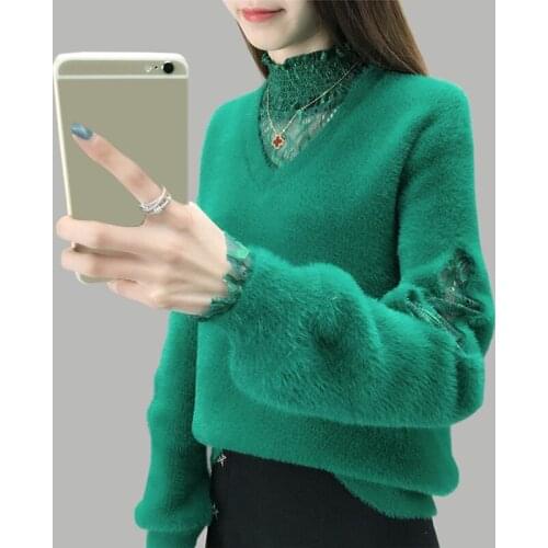 Autumn new Casual Knitted Tops Women Solid color V-Neck Lace Sweater Fashion Loose Lantern Sleeve Pullovers women