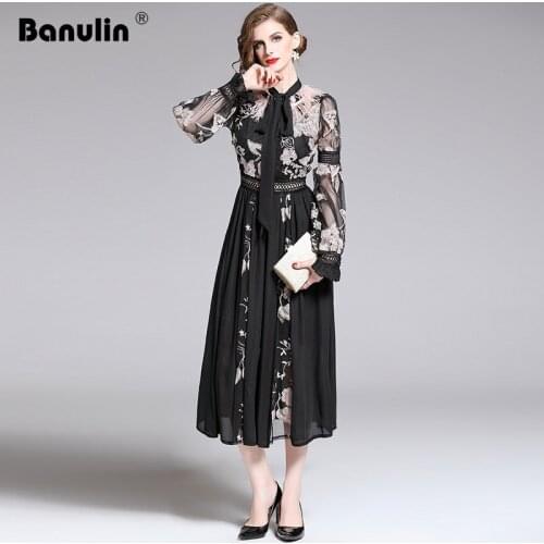 Banulin Spring Autumn High Quality Runway Dress 2019 Women Vintage Lantern Sleeve Floral Embroidery Lace Midi Dress Vestidos