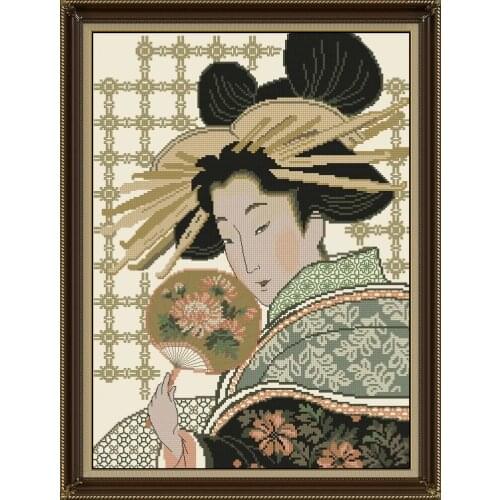 Gold Collection Counted Cross Stitch Kit Geisha with Fan Japanese Woman Lady Girl riolis