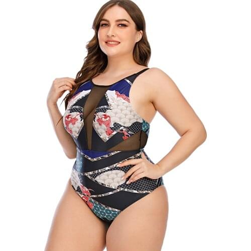2021 New One-piece Swimsuit Womens Fattening Womens Swimsuit Mesh Stitching Bikini Plus Size Swimwear
