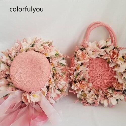 2021 Round Straw Bags for Women Rattan Bag Handmade Flowers Woven Beach CrossBody Bag Female Message Handbag Totes with Sun Hat