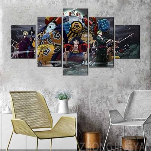 5 Panel Anime One Piece Poster Wano Country The New Straw Hat Pirates Canvas Painting for Living Room Decor Wall Art