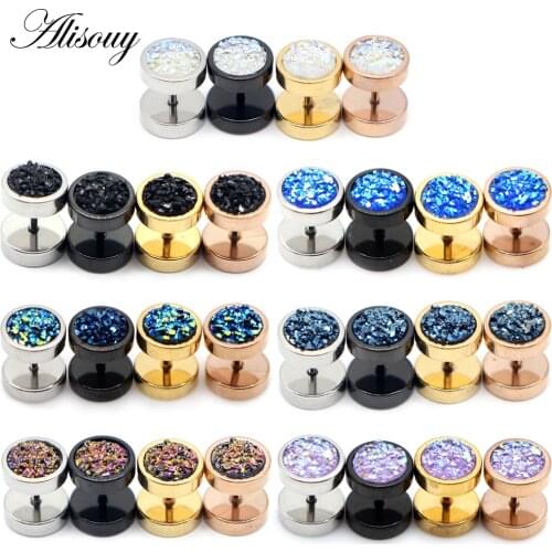 Alisouy 2pcs Stainless Steel Punk Double Sided Round Ore Crystal Men Women Dumbbells Barbell Ear Stud Earrings Piercing Jewelry