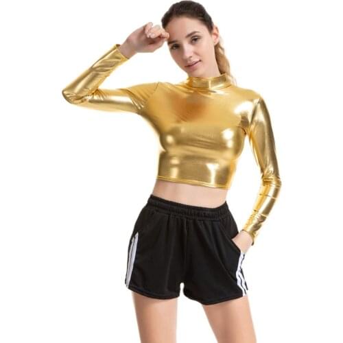 Glitter Long Sleeve Shirt Women Turtleneck PU Shiny Punk Tshirt Sexy Bustier Top Wetlook Pole Dance Clubwear Crop Tops Cropped