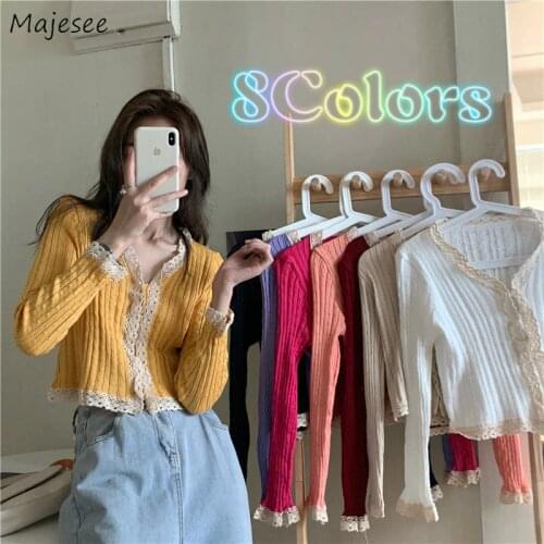 Cardigans Women Sweet Crop Tops V-Neck Slim Leisure Long Sleeve Covered Button Sexy Lady Candy Color Lace Outwear Sweaters Chic