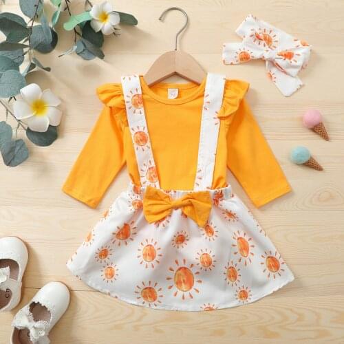 FOCUSNORM 3pcs Sweet Baby Girls Autumn Clothes Sets 0-24M Long Sleeve Solid Romper Sun Printed Bow Suspender Skirt Headband