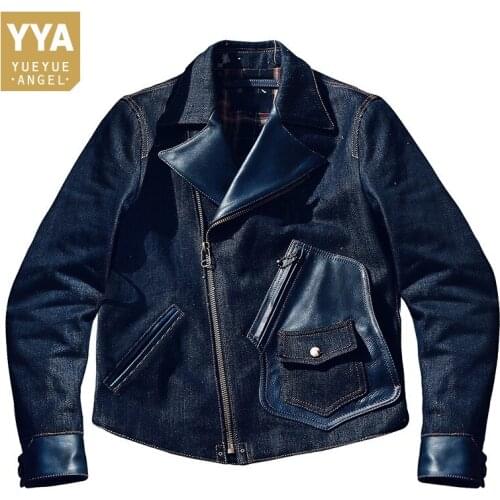 Japan Style Retro Men Denim Spliced Jacket Zipper Slim Biker Coat High Quality Autumn Winter Streetwear Casual Outerwear Male