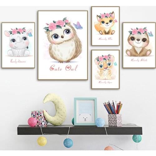 Fox Sloth Tiger Hedgehog Owl Rhino Wreath Wall Art Canvas Painting Nordic Posters And Prints Wall Pictures Baby Kids Room Decor