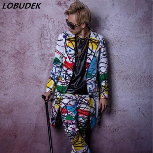 Novelty Graffiti Mens long jacket Coat fashion printing Male Suits Male Hip Hop Rock singer Vocal Concert stage show costumes