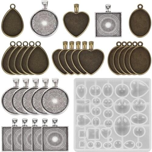 Silicone Mold Sets With 30pcs Pendant Base Epoxy Resin Molds Time Gem Cabochon Accessories For DIY Jewelry Making Supplies