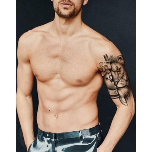 Clock Fragments Tattoo Sticker Fake Lion Orange Eyes Waterproof Temporary Tattoo for Women Men Black Knife Totem Tatoo Body Art