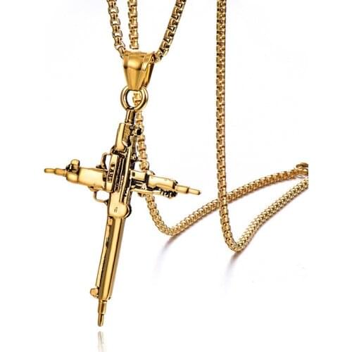 Punk Stainless Steel Gun Cross Pendant Necklaces for Men Rock Jewelry Drop Shipping