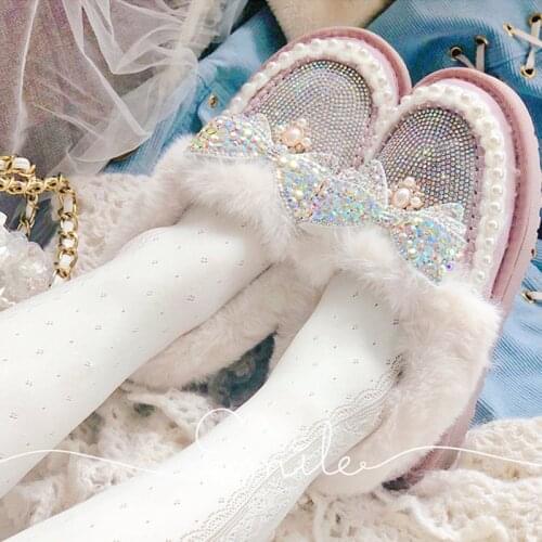 Plush round head rhinestone butterfly loli sweet beauty shoes Vintage Sweet Lolita Shoes Bowknot Princess Kawaii Girl cos