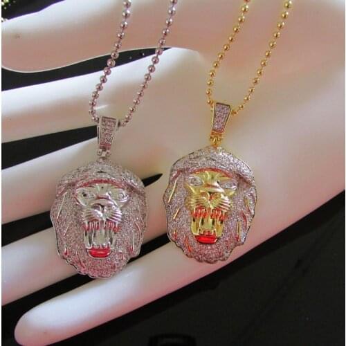28inch lion head pendent winter necklace punk Rap style Rock hip hop YELLOW pure gold plating micro pave cz chain Gifts