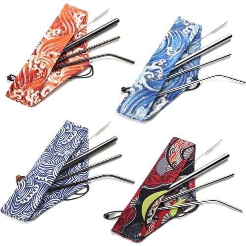 Reusable Metal Drinking Straws 304 Stainless Steel Sturdy Bent Straight Straw with Cleaning Brush and Bag Bar Party Accessory