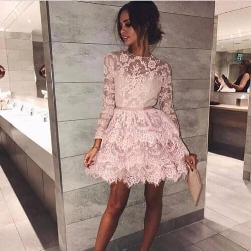 Pink Short Homecoming Dresses Long Sleeves Jewel Neck Cheap Party Evening Mini Length Prom Dress Formal Gowns