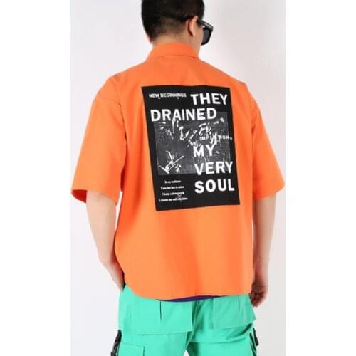 Fashion shirt men short sleeve shirt teenage korean Orange Loose shirt mens Hip hop pocket personality stage singer dance b630