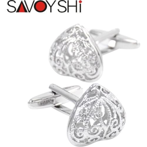 SAVOYSHI Hollow Heart Pattern Cufflinks for Mens French Shirt Silver Color Cuff buttons Brand Women Cuff links Fashion Jewelry