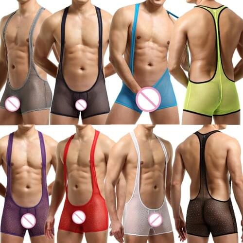 Sexy Mesh Mens Undershirts Shorts Lingerie Transparent Jumpsuits Leotard Wrestling Singlet Bodysuits One-piece Gay Underwear