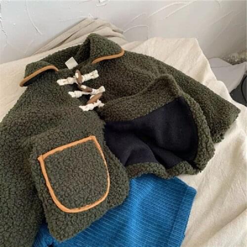 Girls Woolen Coat Kids Horn Buckle Lamb Wool Double Layer Plus Velvet Thick Jacket 2020 Winter Childrens Clothes Baby Outwear