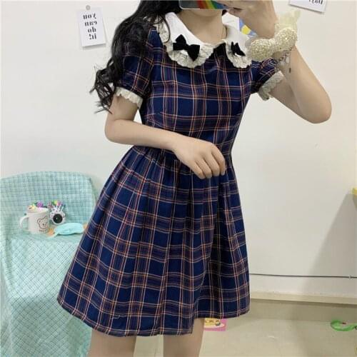 Japanese Peter Pan Collar Plaid Lolita Dress Retro Sweet Soft Girl Cute Bow Doll Dress 2021 New Summer Vintage Lace Mini Dresses