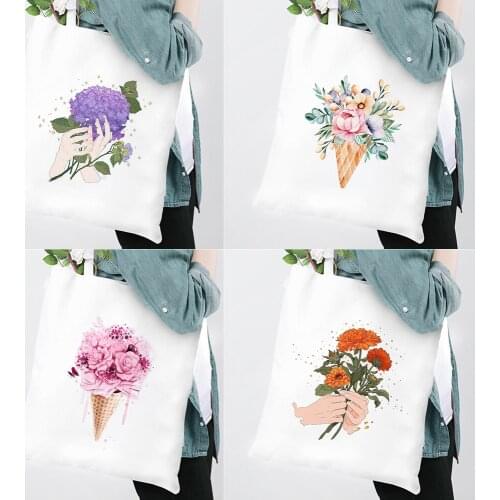 Women Canvas Printing Shoulder Bags White Daisy Sunflower Ladies Floral Travel Shopping Handbag Tote Bag Girls Books Storage Bag