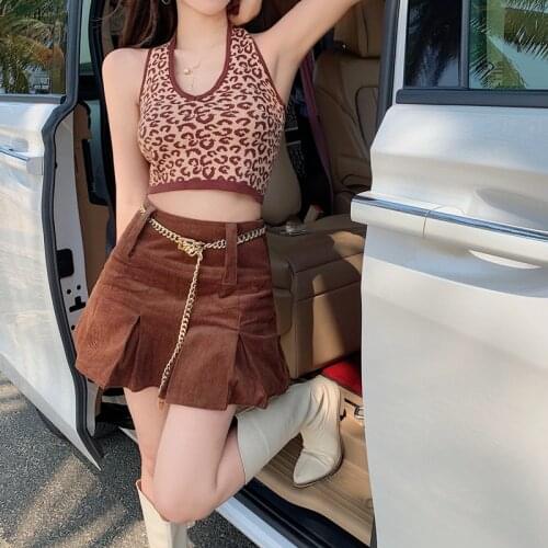 VSUE Summer Women Sexy High Street Leopard Print Halter Knitted Tops Vintage High Waist Slim Corduroy Pleated Short Skirt T3040