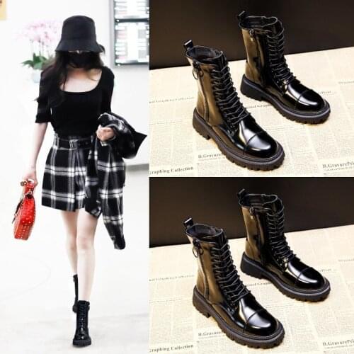 Chunky platform leather female retro punk woman lace-up ankle boots