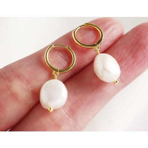 Dia. 13mm 100% Authentic 925 Sterling silver Gold Irregular Baroque Pearl freshwater hoop Huggie earrings FINE jEWELRY TLE651