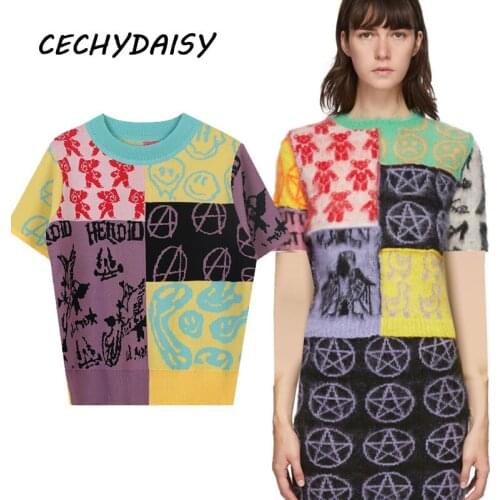 Plaid Knitted Sweater Tops 2021 Summer Fashion O-Neck Casual Short Sleeve Vintage Pullovers Jumper Za Clothes Traf Pull Femme In