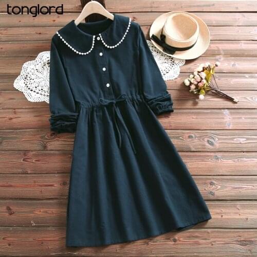 Women Retro Literature Cotton Dress Autumn Full Sleeve Doll Collar Plaid A-Line Dress Female Drawstring Single-breasted Vestidos