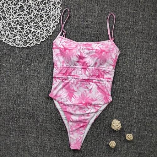 Women Sexy One Piece Bikini Pink Gradient Tie-Dye Hollow Out Backless Swimsuit Strappy Bandage Ruched Push Up Monokini