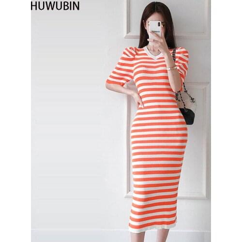 Summer New Korean Womens High-End Temperament Fashion V-Neck Slim Stripe Split Long Skirt Short Sleeve Knitted Casual Dress