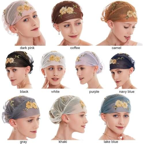 2021 New Women Turban Muslim Lace Mesh Embroidery Hijab Islamic India Ladies Hijab Scarf Headwraps Muslim Turban