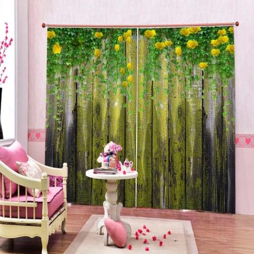 3D Window Curtain Wooden board texture green leaf yellow flower Blackout Living Room office Bedroom Customized size