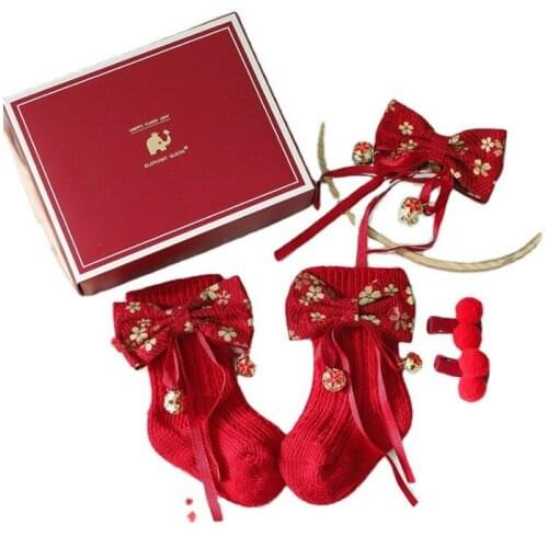 4Pcs Baby Boys Girls Socks Sets Knitted Solid Bow Knot Warm Socks Headwear Hairpin Infant Toddler Socks Newborn Gifts 0-24M