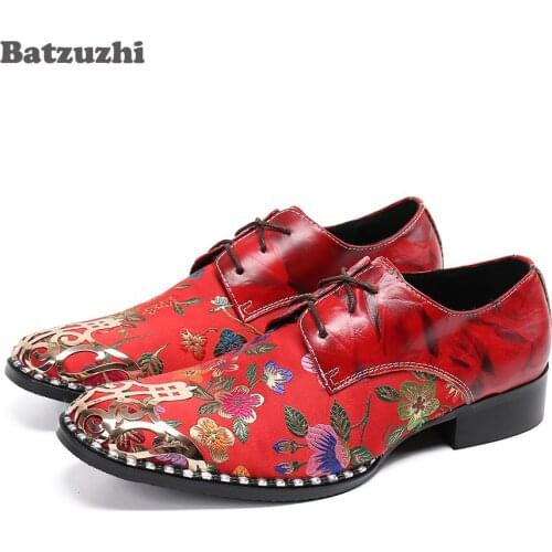 Batzuzhi Luxury Handmade Mens Shoes Vintage Metal Pointed Toe Printed Leather Dress Shoes Men Red Wedding and Party Shoes Men