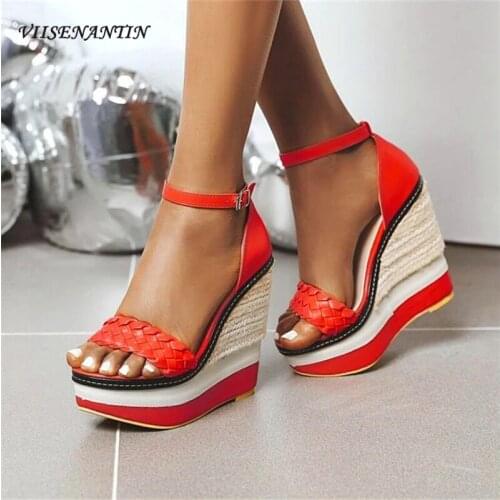 Open-toed Roman sandals summer 2021 new leather buckle wedge straw mixed color high-heel sandals women