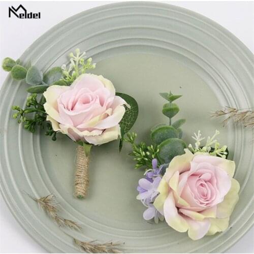 Meldel Wrist Corsage Bracelets for Bridesmaid Bracelet Flowers White Pink Corsages Wedding Boutonniere Men Marriage Accessories