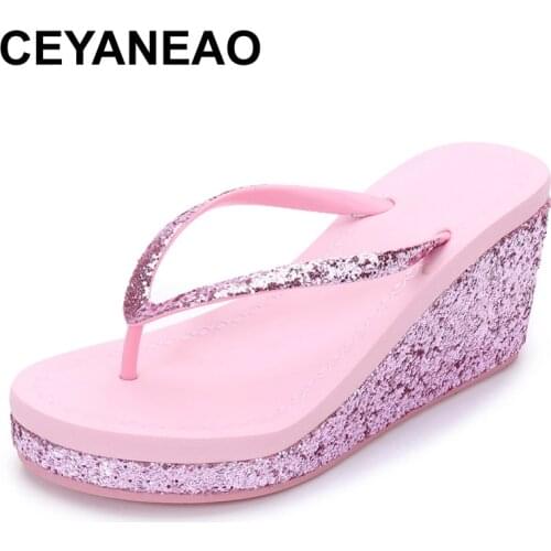 CEYANEAO 2019 rhinestone sandals beach slates summer wedge shoes with rhinestones flip flops Flip Flops Womens shoes