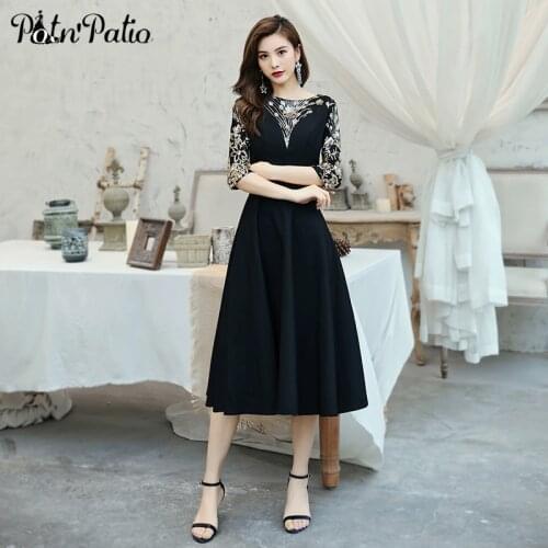 Black Cocktail Dresses 2021 Elegant O-neck Tea Length Dresses Women Party Night With 3/4 Sleeves