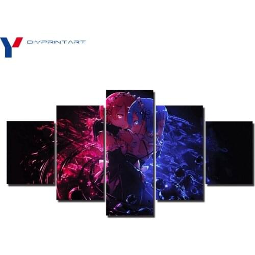 Demon Sisters Ram and Rem 5 Pcs/set Wall Art Decor Anime Re Zero Home Decoration Paintings A0571