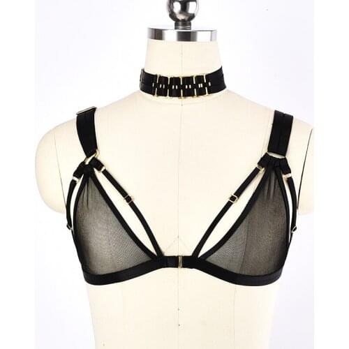 Women Mesh Sexy Bandage Bra Garter Belt Female Push Up Bralette Bustier Lingerie Dance Club Wear Belt Bra Hollow Cage Bra Crop T