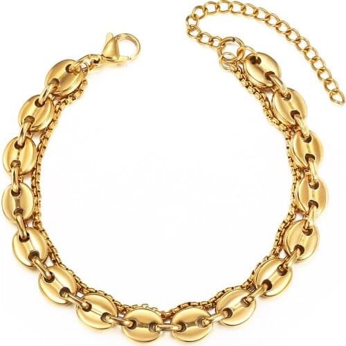 Double Layered Gold Color Stainless Steel Chain Bracelet for Women Girls Coffee Beans Box Link Chain Fashion Jewelry Gift DDB310