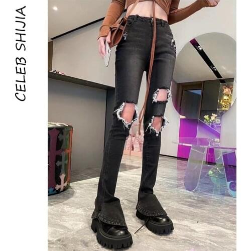 Chic Vintage Jeans Woman Hole Pocket Black Gray Denim High Waist Straight Pants Female Streetwear Summer Y2k Jeans Woman Mom