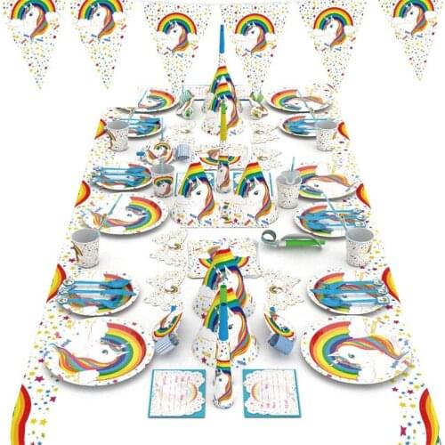 Unicorn Theme Rainbow child Birthday Party Tableware Supplies Paper Cup Plate Straw Napkin Banner Decor Set Kids Baby Shower