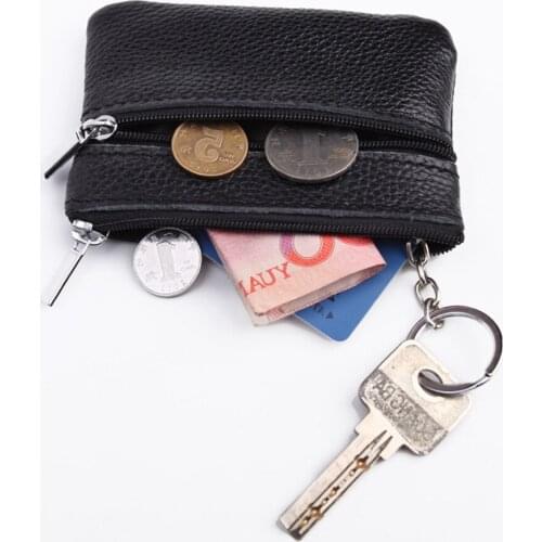 Genuine Leather Solid Color Card Bags Small Zipper Wallet Credit Card Holder Portable Key Ring Storage Pouch Coin Novelty Purses