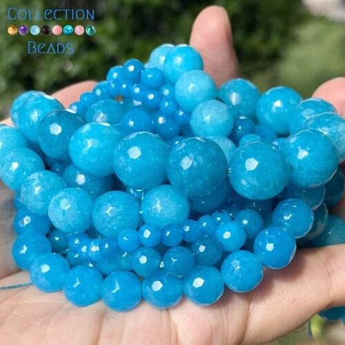 4/6/8/10/12mm Natural Stone Faceted Blue Jades Round Loose Beads For Jewelry Making DIY Handmade Bracelets Accessories 15"