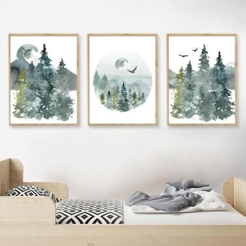 Woodland Nursery Forest Landscape Canvas Posters Watercolor Wall Art Pictures Nordic Decoration Painting Boys Kids Room Decor