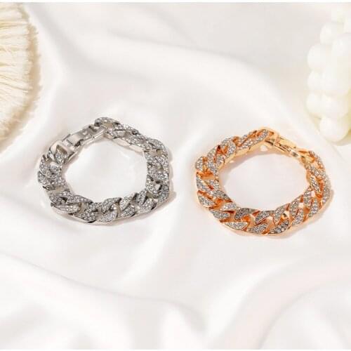Fashion simple exaggerated thick chain metal wide version zircon womens bracelets ins wind net red same style jewelry for women